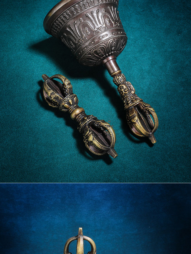 金刚铃纯铜尼泊尔手工藏式铃铛五股金刚杵藏传密宗手摇金刚铃法器 小