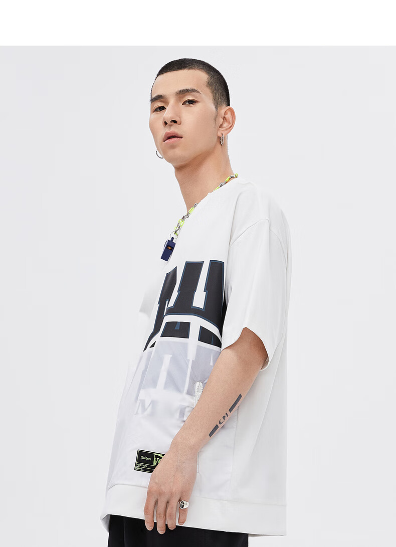 卡宾男装休闲圆领白色短袖t恤潮流印花拼接h漂白色0250175l