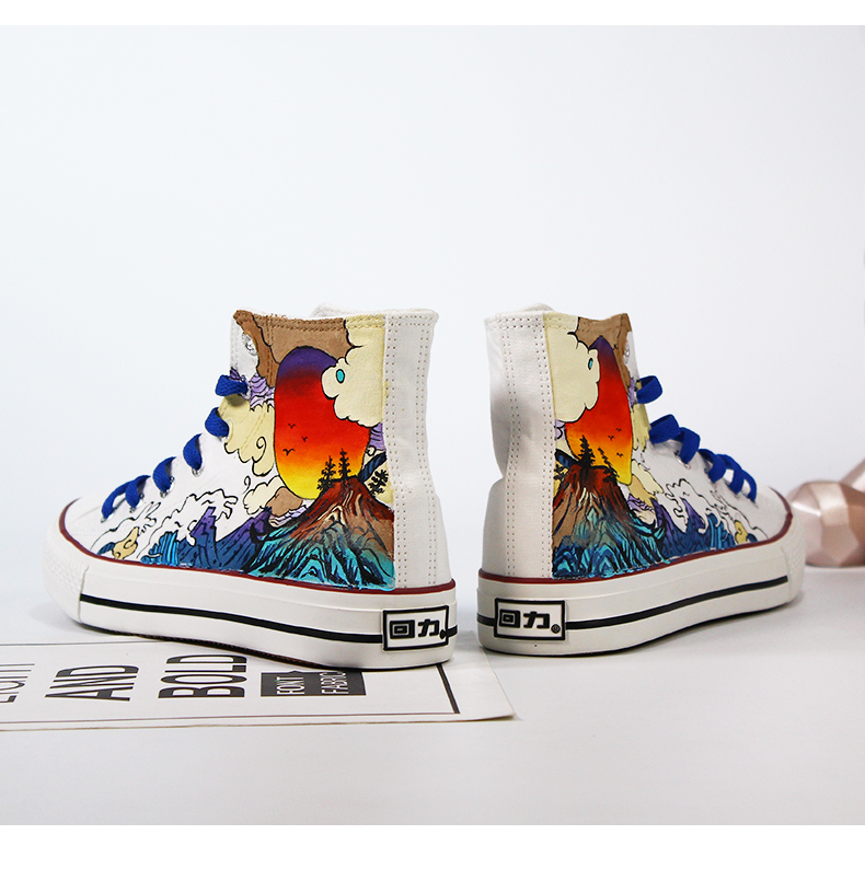 回力手绘鞋ow樱花联名浮世绘国风潮鞋定制高帮帆布鞋男女江山图白色39
