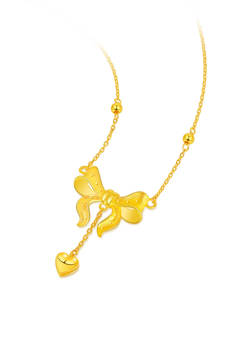 迎彩钻黄金蝴蝶结项链女足金999一体套链新款锁骨吊坠结婚送女友金