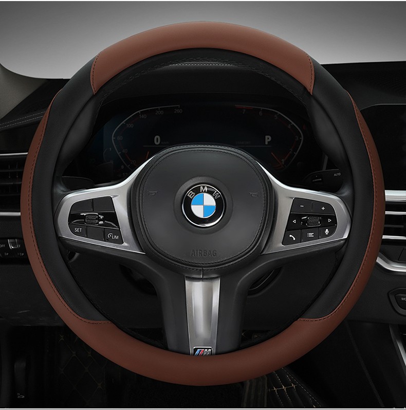 纳帕皮汽车方向盘套2022新款透气耐磨专车专用四季车把套 孔雀蓝黑