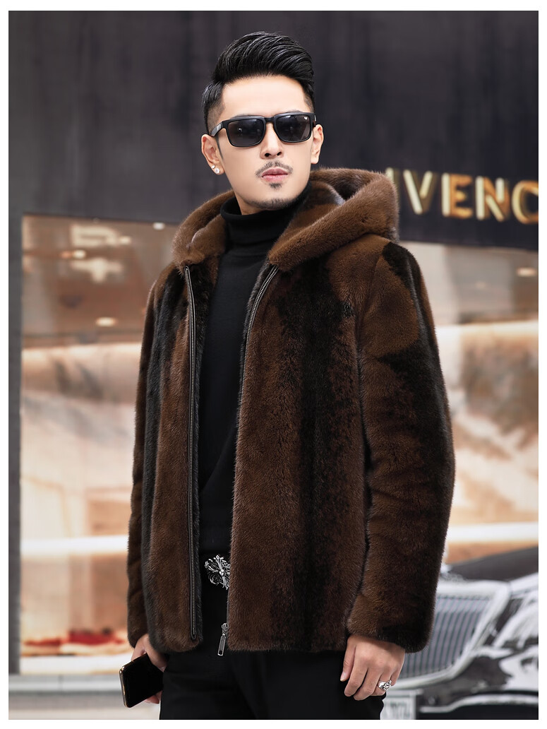 澳鲨迪2020新款貂皮大衣男士短款时尚连帽整貂水貂皮草进口天鹅绒级