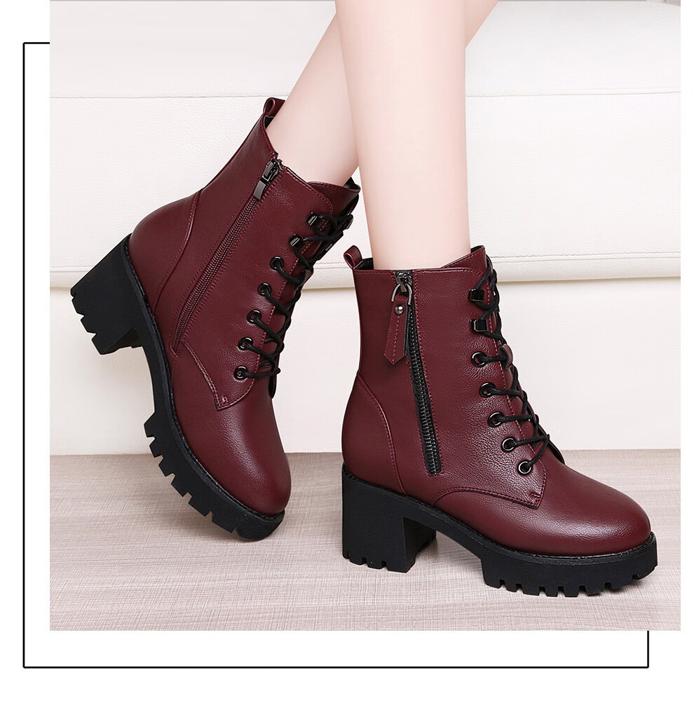 60短靴女秋冬季新款女鞋子粗跟高跟马丁靴女英伦风棉皮鞋黑色皮靴加