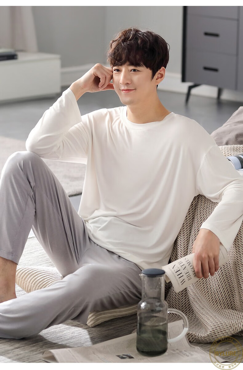 睡衣男莫代尔四季款运动休闲圆领套头宽松大码家居服外穿白色165m建议