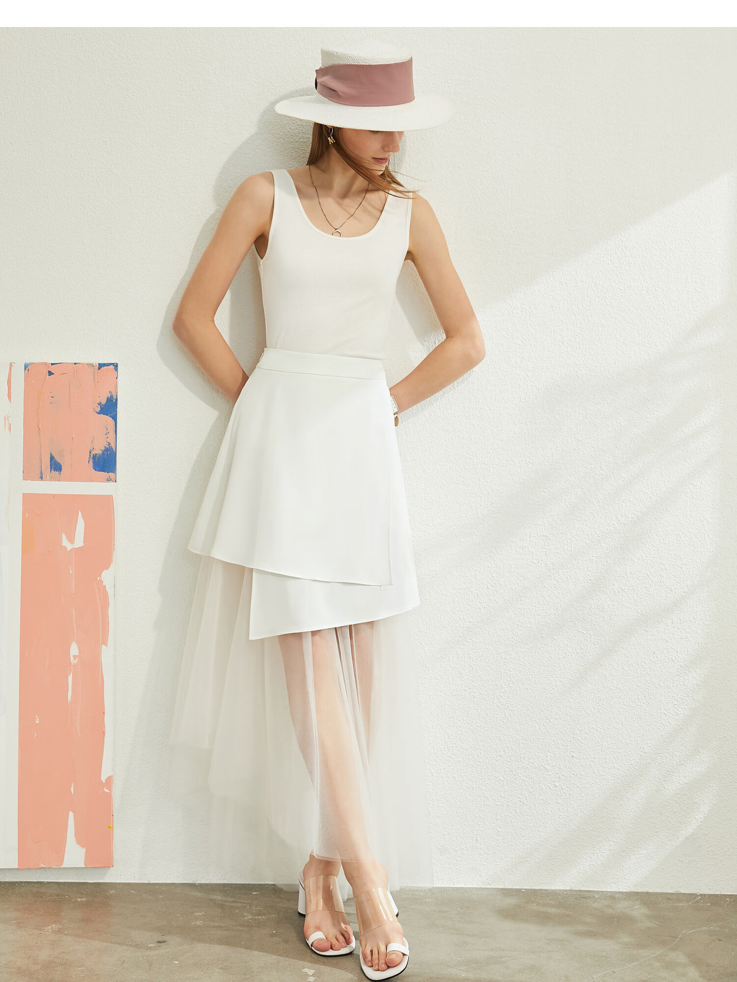 amii elin极简透薄网纱优雅时尚半身裙2020夏新款不规则显腿长裙子