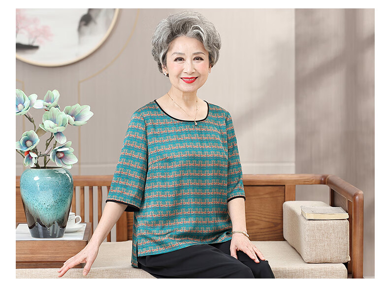 短袖套装中老年人妈妈装加肥加大t恤小衫老太太休闲上衣服 蓝绿色上衣