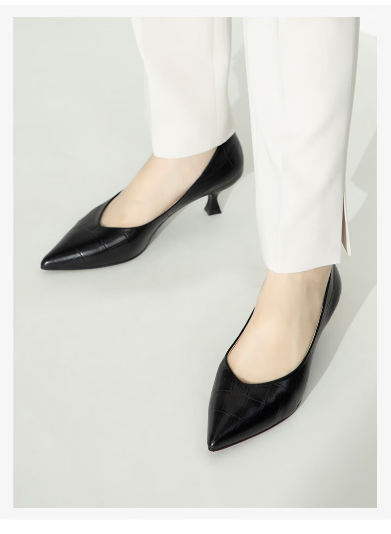 康莉单鞋女2022年春季新款细跟软羊皮舒适浅口职业工作鞋米白色34