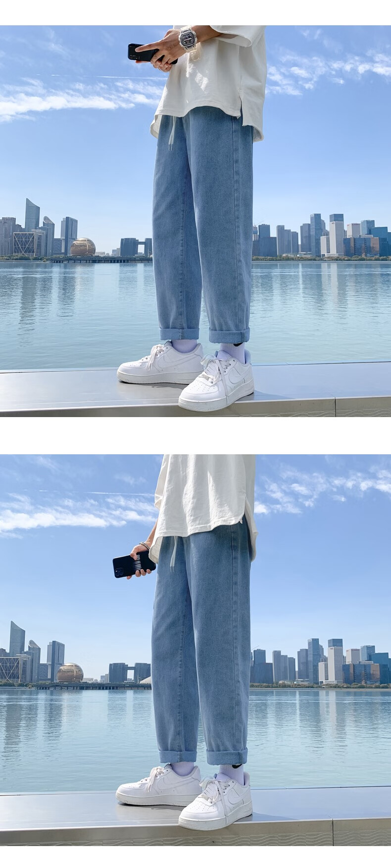 春秋款男牛仔裤大学生穿高中生秋季男百搭直筒韩版学生九分宽松潮流