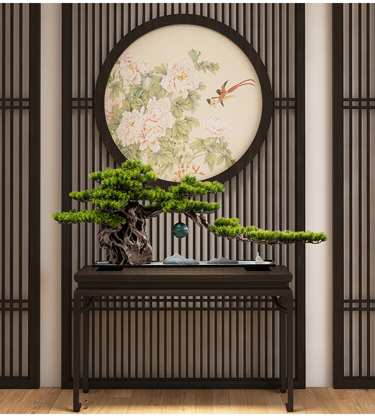 棠梦轻奢高端仿真迎客松盆景摆件新中式客厅玄关柜电视柜办公室景观