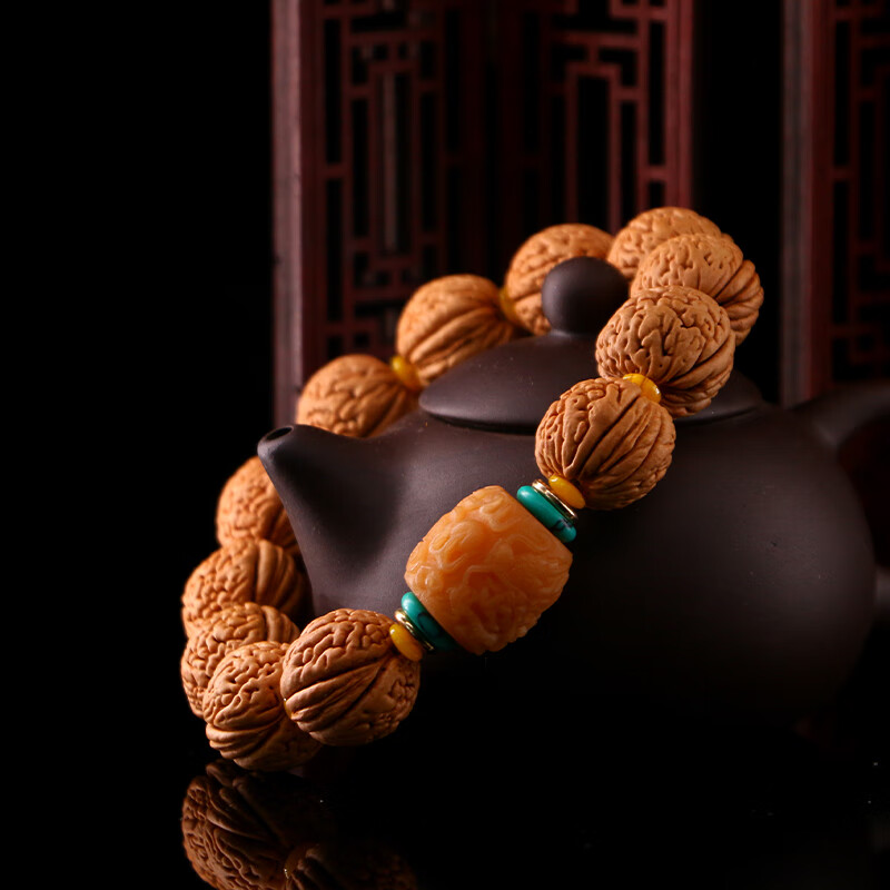 七夕礼物山中玉脑纹桃核手串正圆文玩佛珠念珠男款女士带配饰手链矮桩