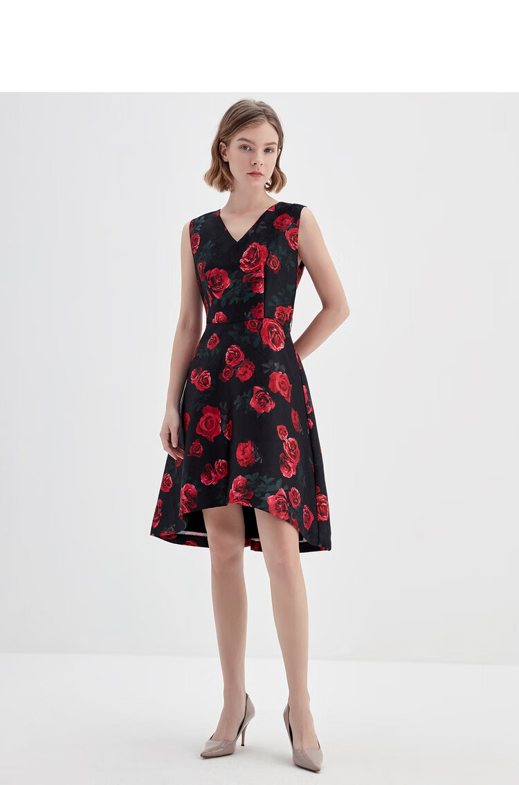 婚庆系列欧柏兰奴2021春季新款v领中长款连衣裙礼服裙otql9052d14黑