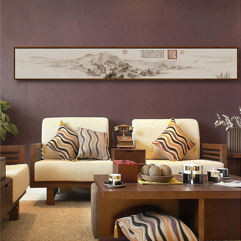 新中式客厅装饰画沙发背景墙水墨窄长条横幅国画茶室禅意山水挂画欧
