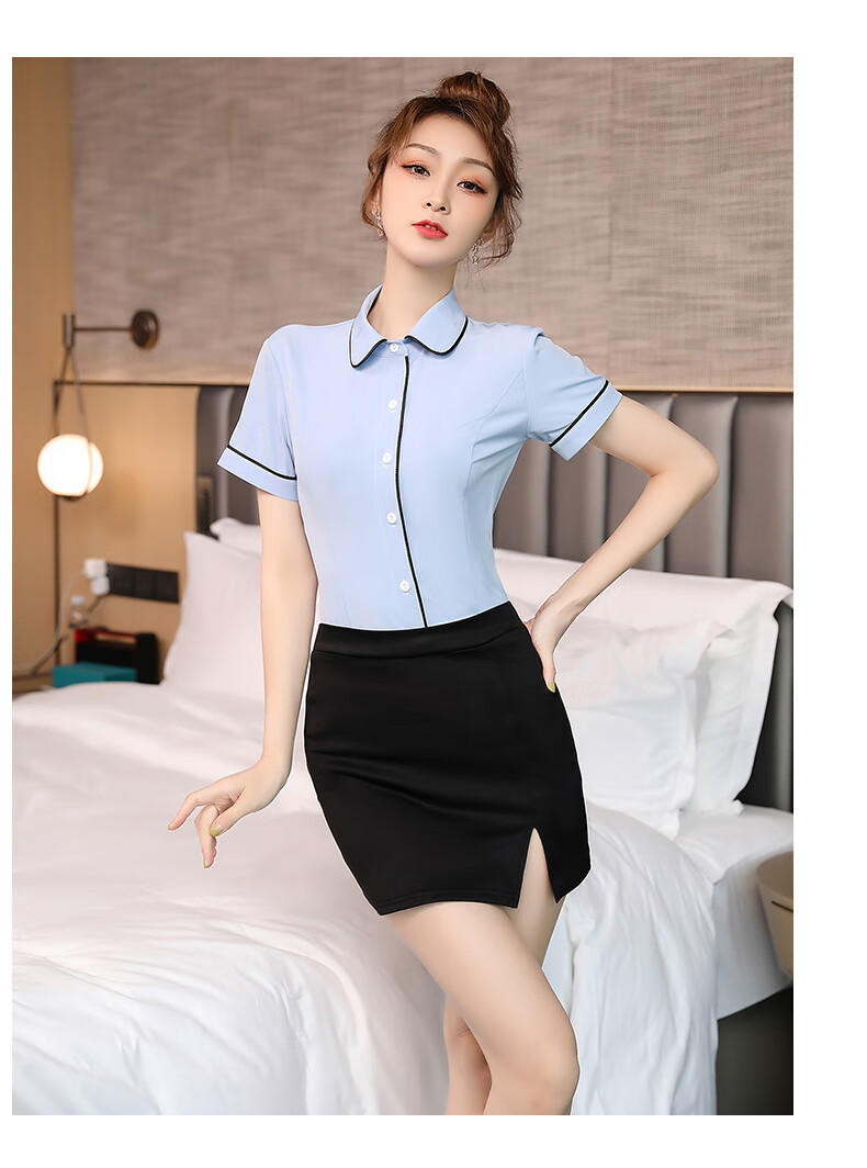 足疗技师工作服女夏酒店ktv制服衬衫百褶裙套装显瘦按摩工装浅蓝单