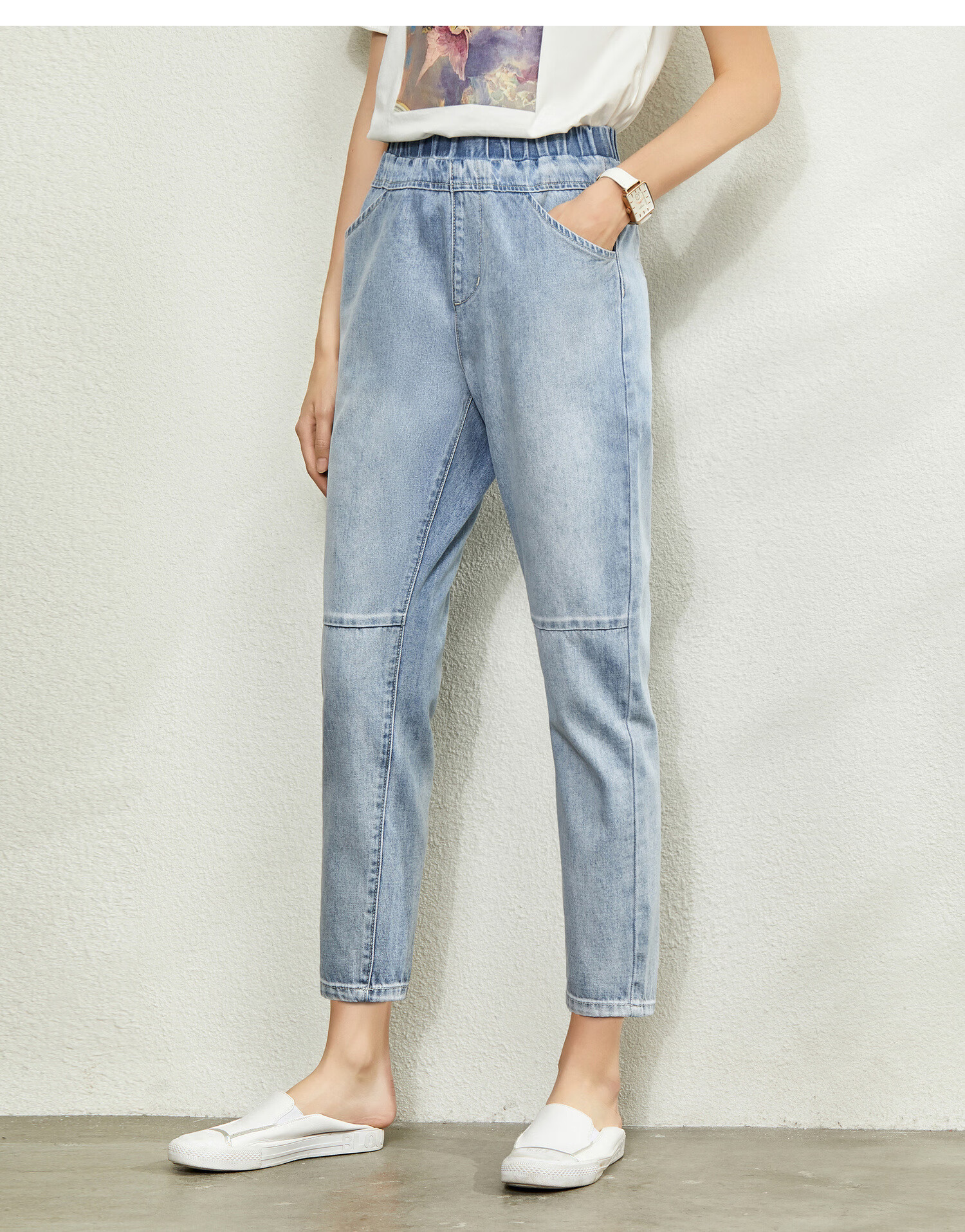 amii极简百搭显瘦牛仔九分裤夏新款橡筋腰头拼接裤子女 牛仔蓝 170