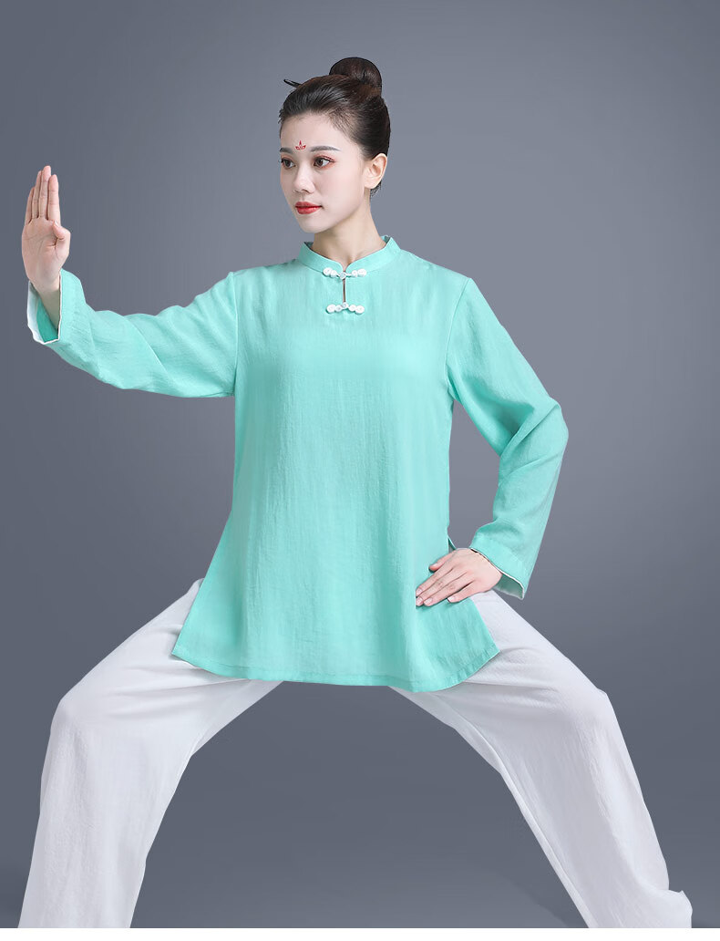 山人运动太极服女棉麻武术服表演服太极拳服装中老年练功服薄荷绿xl