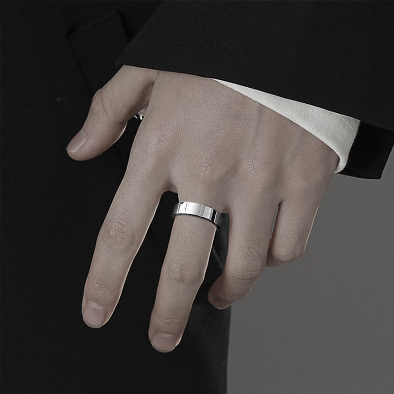 男士单身戒指925银男士戒指男潮单身戒个性简约素圈光面冷淡风开口潮