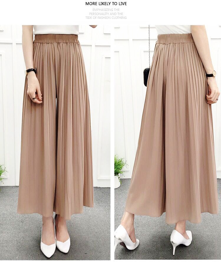 熙线雪纺百褶阔腿裤女夏七分裤松紧腰压皱大码阔脚裤裙裤薄款藏青色