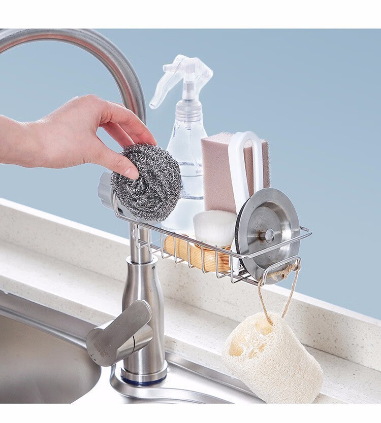 厨房不锈钢水龙头置物架沥水架升级款免打孔夹式水槽海绵抹布收纳架