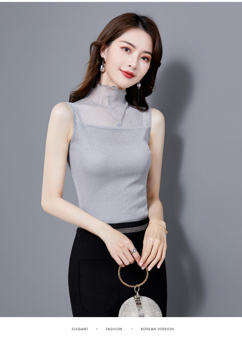 大码女装流行小个子显瘦高领沙t纱衣打底衫女网纱无袖薄款砍袖背心