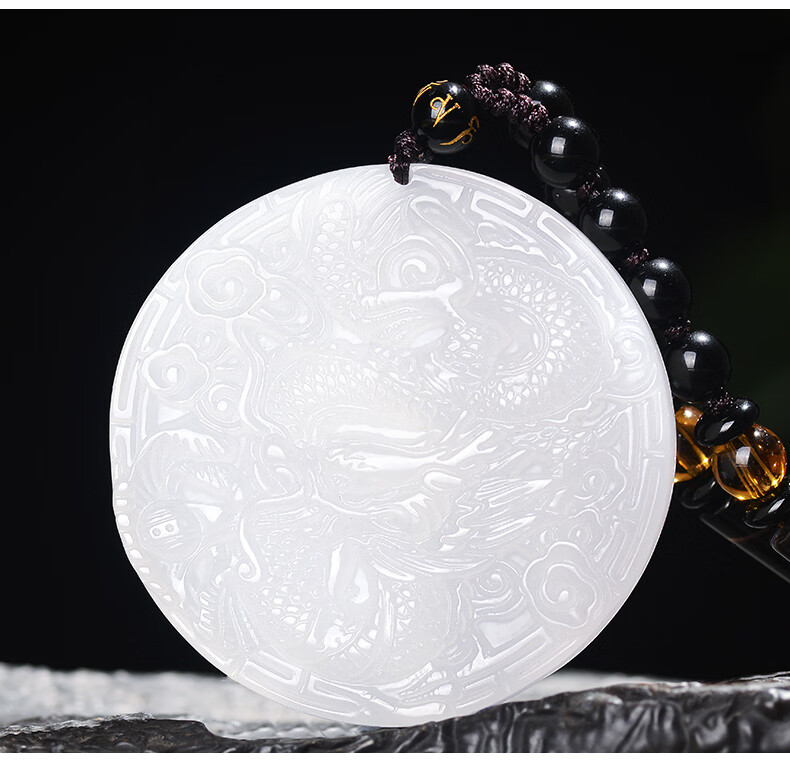 桓缘洋 和田玉羊脂白玉龙凤吊坠 情侣款 圆形玉佩挂件女士天然玉石男