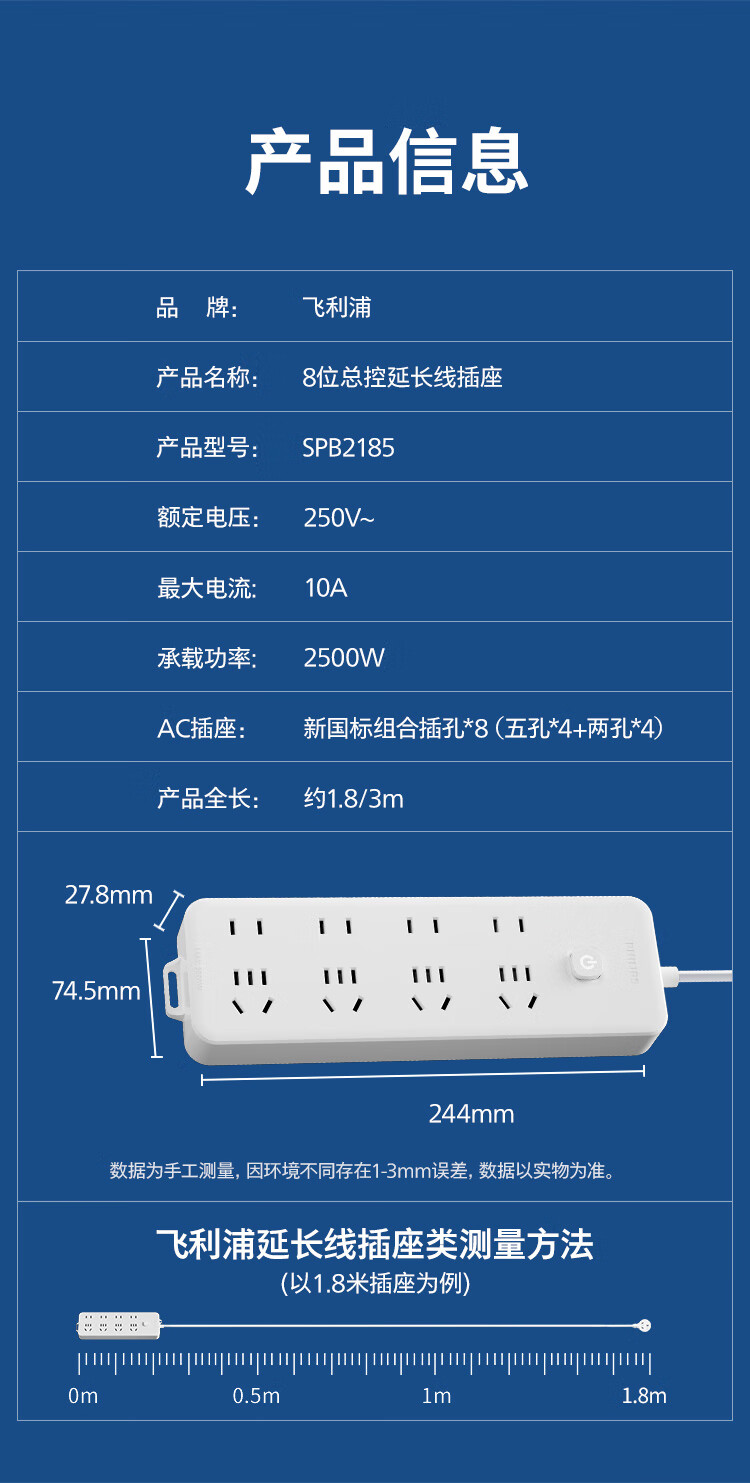 飞利浦PHILIPS新国标 安全总控总控排插插排接线五位插座/插线板/插排/排插/接线板/拖线板 五位总控【1.8米】详情图片13