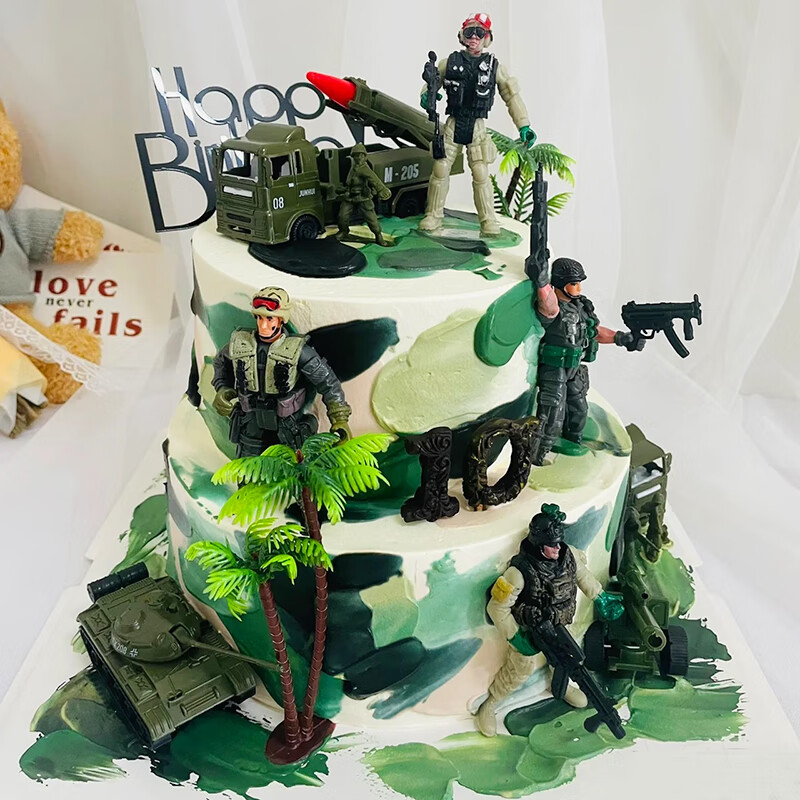 百世今生 军事主题儿童生日蛋糕战争卡通特种兵士兵直升飞机战斗机