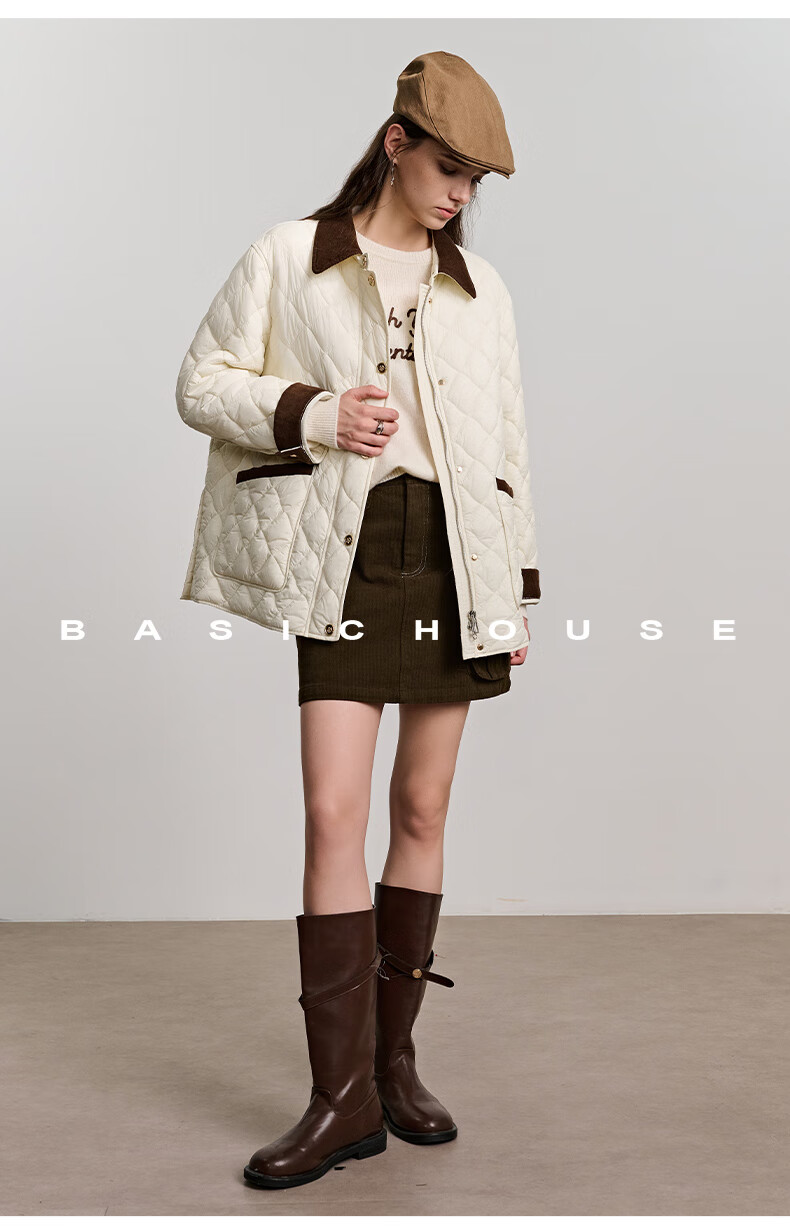 BASIC HOUSE/百家好舒芙蕾撞色冬季2024翻领外套轻法风菱格棉服女2024冬季撞色翻领外套 米白色 M详情图片36