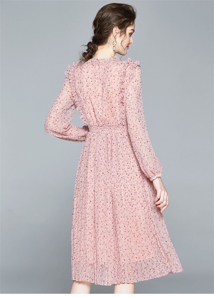 卡丝拉狄cathyladi2022年春秋装长袖田园碎花连衣裙减龄粉雪纺百褶裙