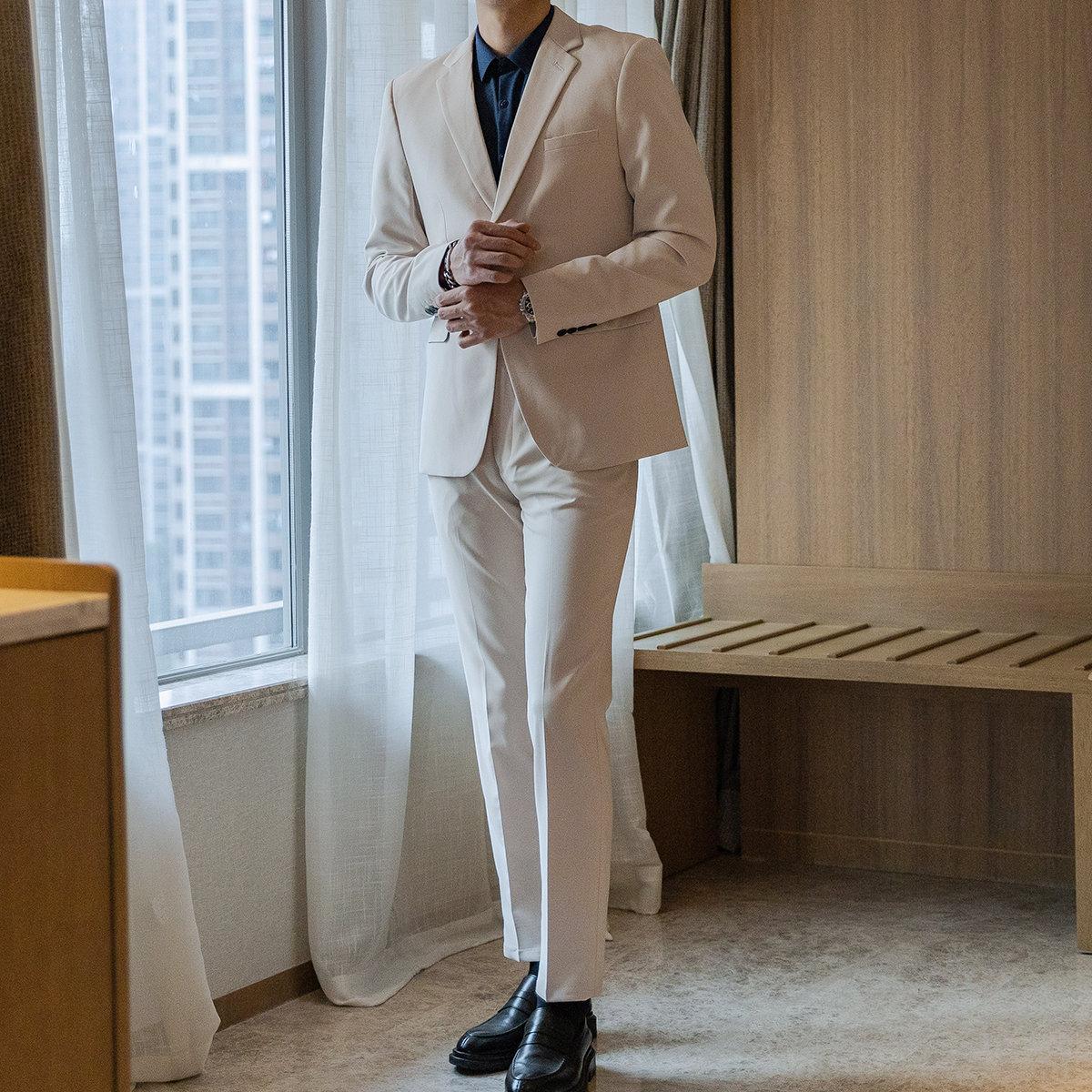 西装男套装修身韩版潮流帅气休闲西服外套新郎结婚英伦风正装 宝蓝色