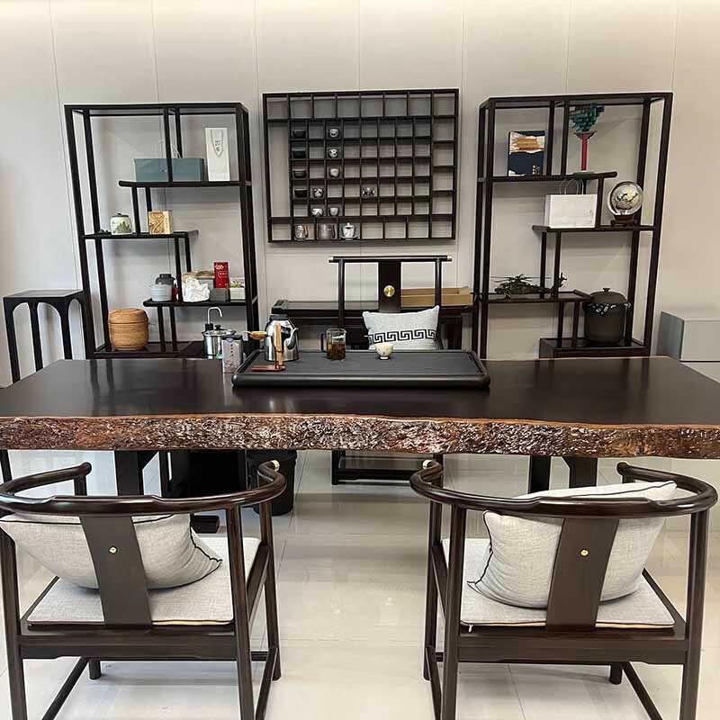 鼓歌 黑金檀实木大板桌 黑色檀木大板茶桌 办公椅组合 功夫茶几 巴花