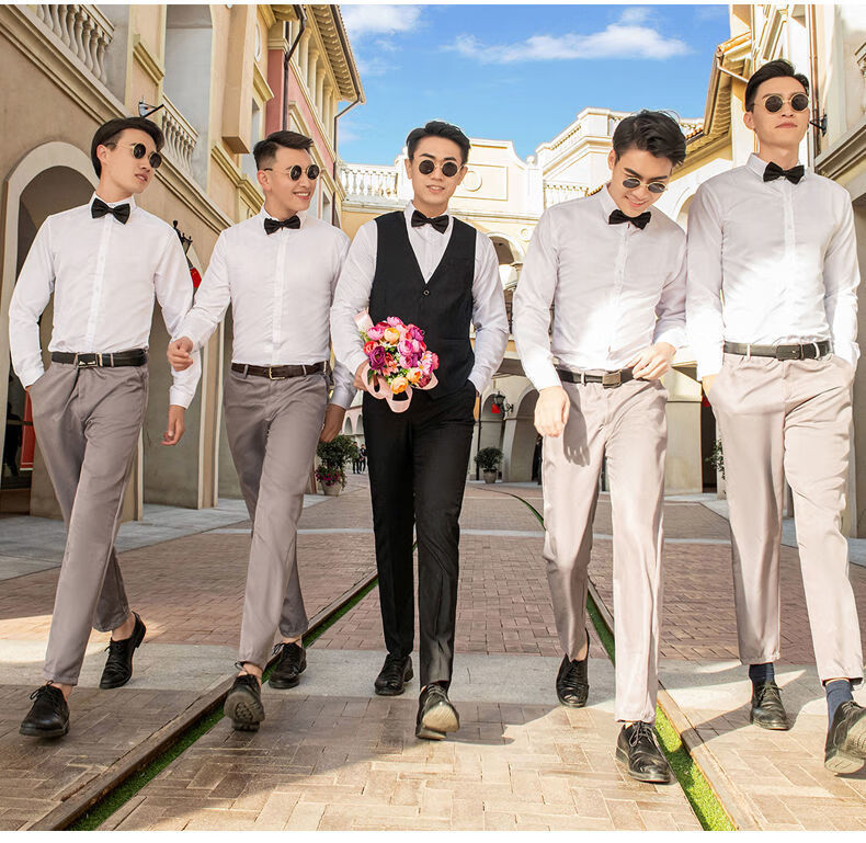 meihe伴郎服西式兄弟装男结婚团服装西装男士衬衫马甲三件套装礼服