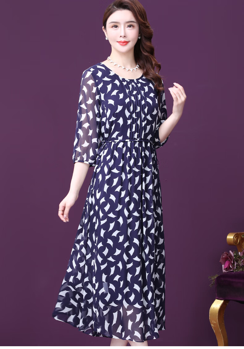 王小鸭印花连衣裙女夏2021新款宽松垂感阔太太长款飘逸真丝裙深宝蓝m