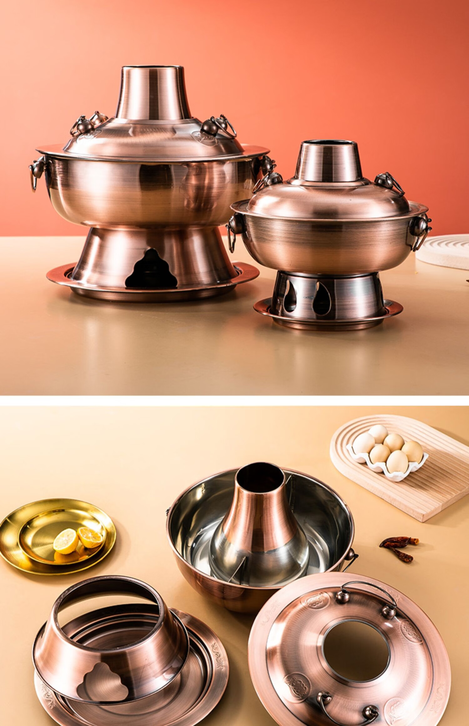 老北京铜火锅纯铜老式紫铜火锅家用打边炉涮羊肉烧碳木炭火锅户外 34