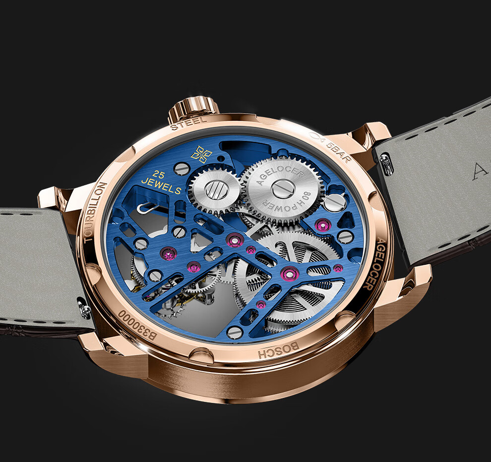 艾戈勒(agelocer)瑞士手表 陀飞轮系列时尚镂空机械表 全景背透真陀