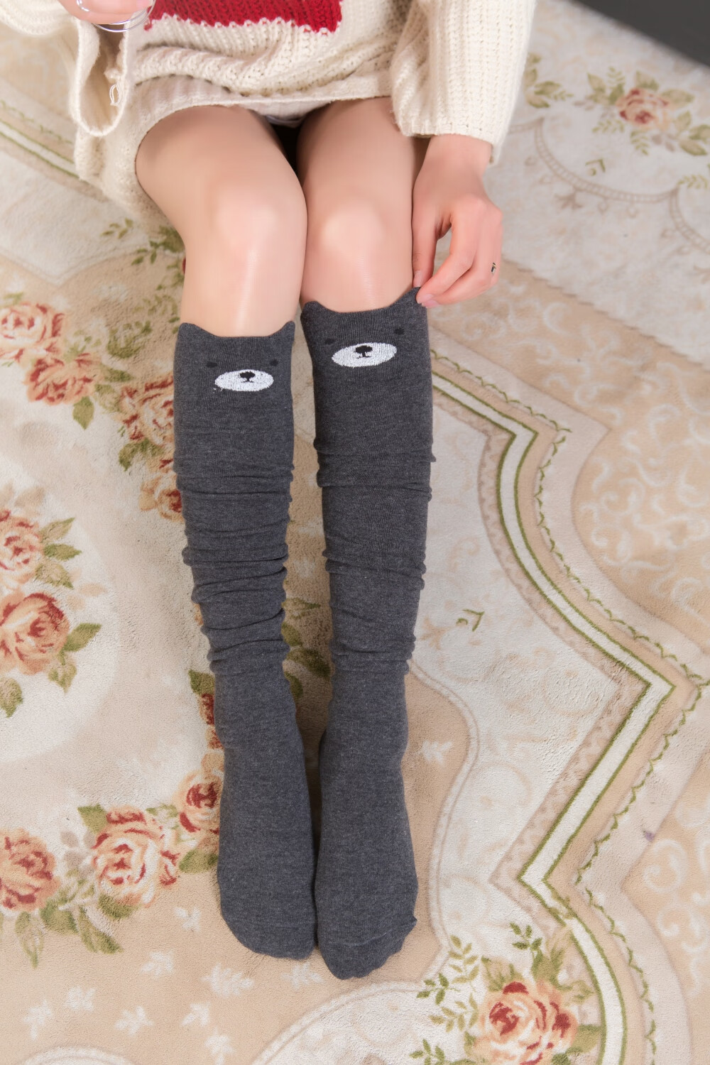 革斤威新品1双装过膝袜长筒袜长袜子可爱袜子立体耳朵卡通袜女士纯棉