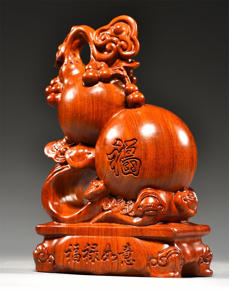 善逸实木花梨木雕福禄葫芦摆件木质家居电视柜玄关客厅董事长总经理