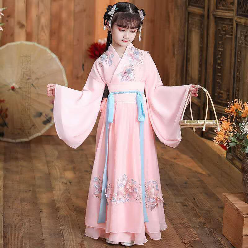 女小朋友的汗服新品小女孩仙女汉服襦裙女童古装连衣 藕粉色带披帛 带