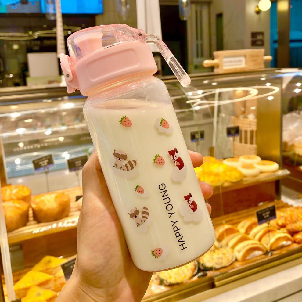 少女心水杯高颜值玻璃水杯女学生便携可爱简约清新弹盖直饮玻璃杯 蓝