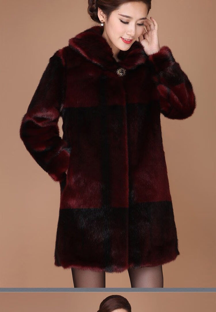 貂皮大貂毛仿水貂毛皮草女中老年妈妈中长款整貂拼貂裘皮毛一体 酒红