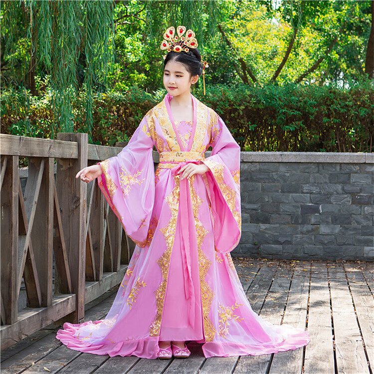 儿童皇后古装女童拖尾贵妃公主宫廷服装古代衣服仙女走秀演出汉服粉红