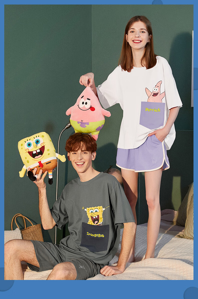 yso 海绵宝宝联名款情侣睡衣女可爱卡通睡衣可外穿全棉男套装休闲可外