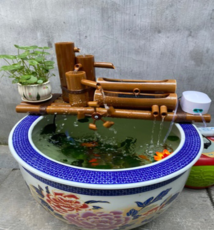 竹子筒流水器鱼缸鱼盆石槽养鱼循环过滤喷泉风水轮车加湿摆件 竹排长