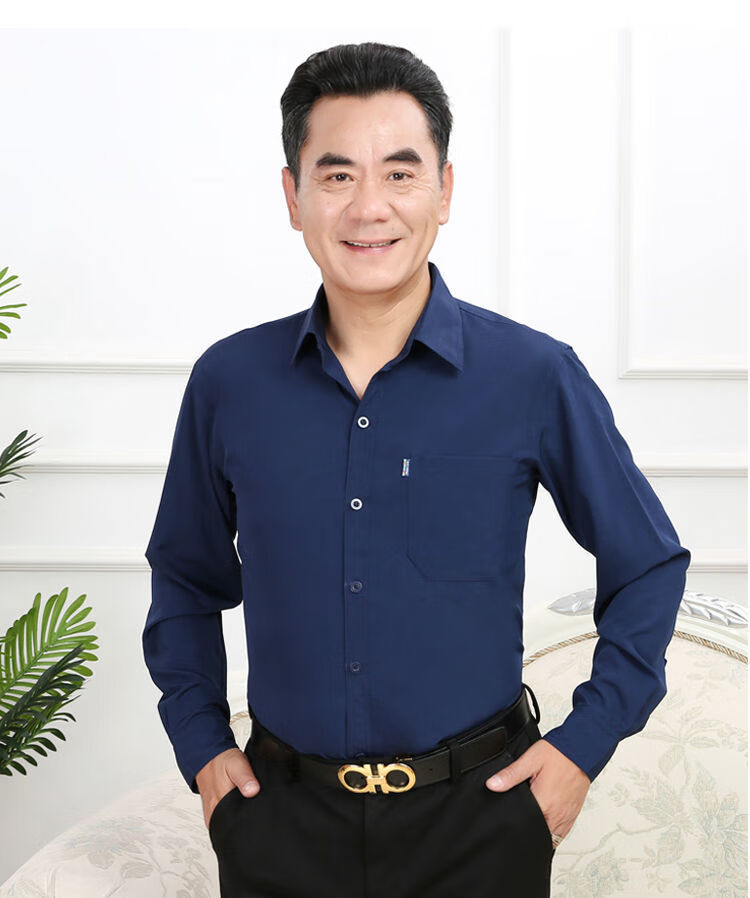 mcjo中老年夏天长袖衬衫男中老年男士长袖衬衫夏季薄款休闲宽松父衬衣