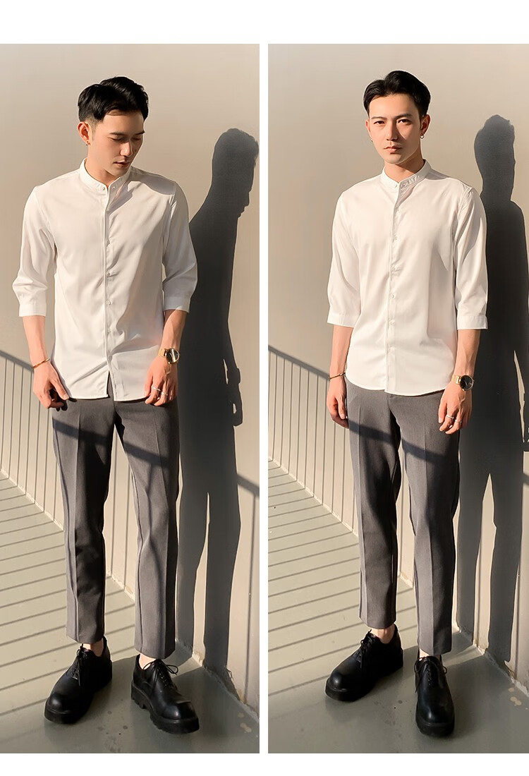 男士圆领衬衫八分袖夏季立领韩版修身帅气潮流休闲白白色七分袖m