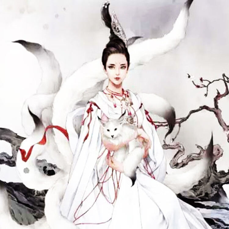 可狄 狐仙娘娘画像九尾狐神像挂画保家仙供奉画画卷轴画 土黄色-b