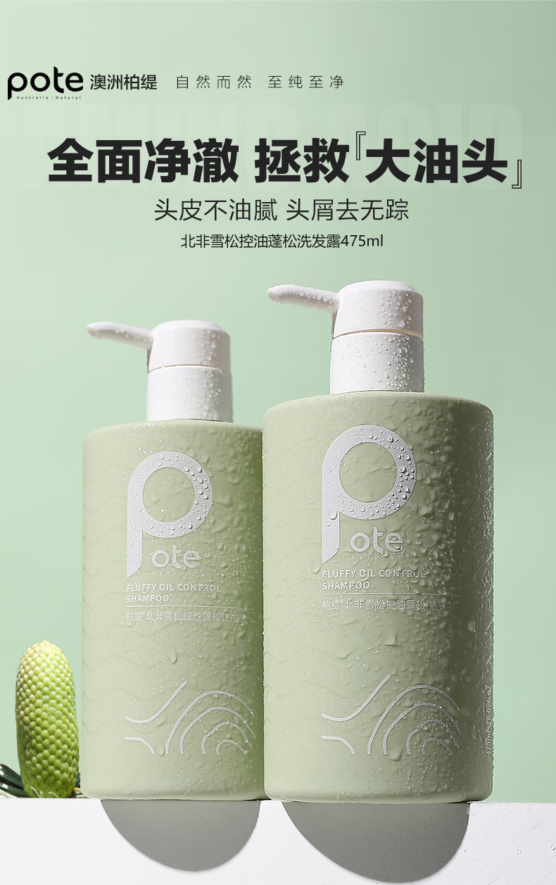 柏缇pote北非雪松洗发露475ml清爽控油蓬松氨基酸洗发水专利去屑海藻