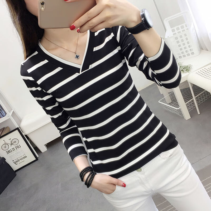 马吟吟棉长袖t恤女装上衣服2020外穿丅土啼体衫时尚秋衣秋季条纹 白