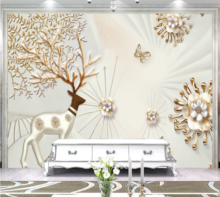 电视墙背景墙贴3d现代简约麋鹿墙画影视墙装饰客厅自粘壁画uu12小