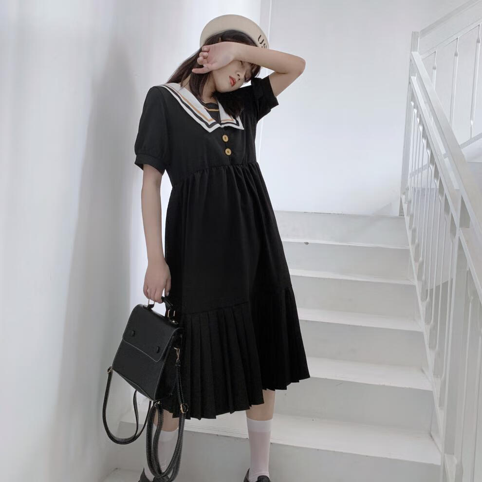 日系学院风暗黑丧系连衣长裙子女生春装秋天新款海军领女装百褶裙百