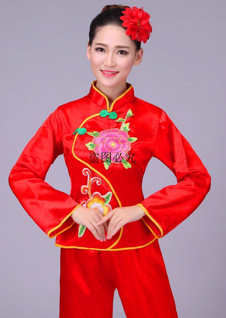 新款秧歌服民族舞蹈表演服中老年秧歌服装广场舞蹈服腰鼓舞服 2朵花